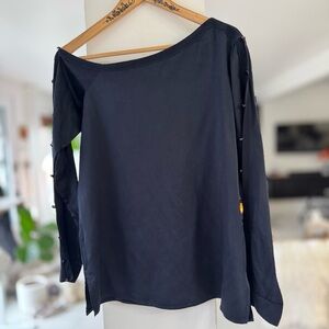 Silk Long Sleeve Navy Top with Peek a Boo Sleeves One Shoulder Blouse